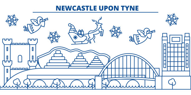 英国，泰恩冬季城市地平线上的纽卡斯尔。圣诞快乐，新年快乐横幅上装饰着圣诞老人。冬季贺卡。轮廓向量。线形圣诞雪插画图片下载