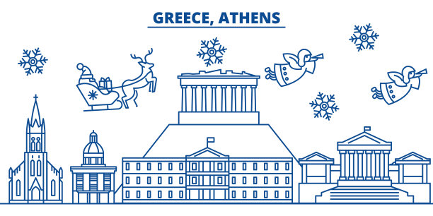 希腊雅典冬季城市天际线。圣诞快乐，新年快乐横幅上装饰着圣诞老人。冬季贺卡。平,轮廓向量。线形圣诞雪插画图片下载