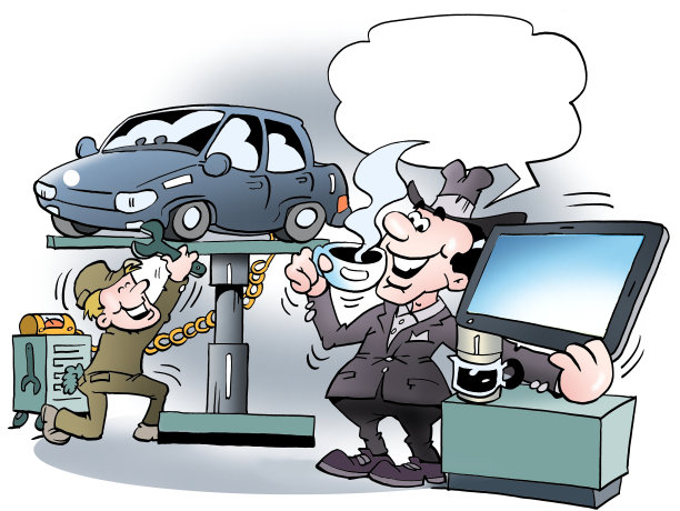 卡通插图的一个车主是非常高兴的在车间为一杯早上的咖啡图片下载