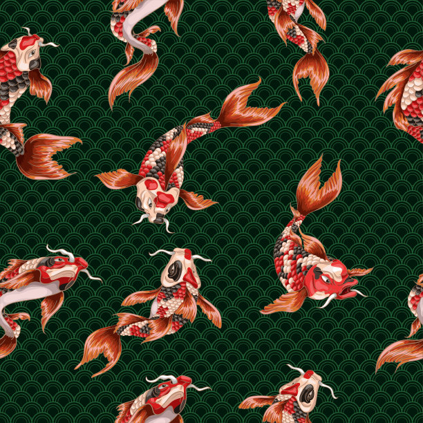 无缝图案与日本鲤鱼鲤鱼和波浪在几何背景。素材图片