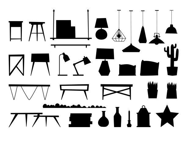 家具房间室内黑色剪影设计公寓家居装饰概念公寓当代建筑室内元素矢量插画图片下载