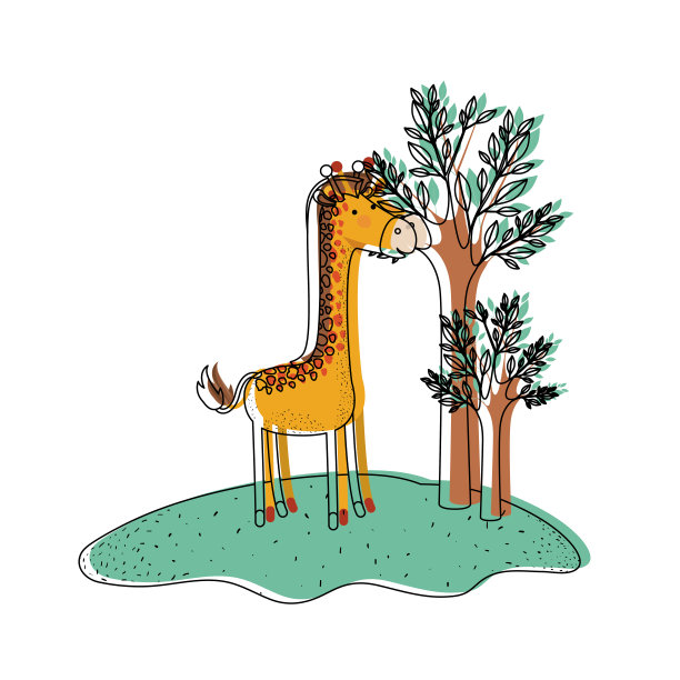 卡通长颈鹿在森林旁边的树在水彩剪影图片下载