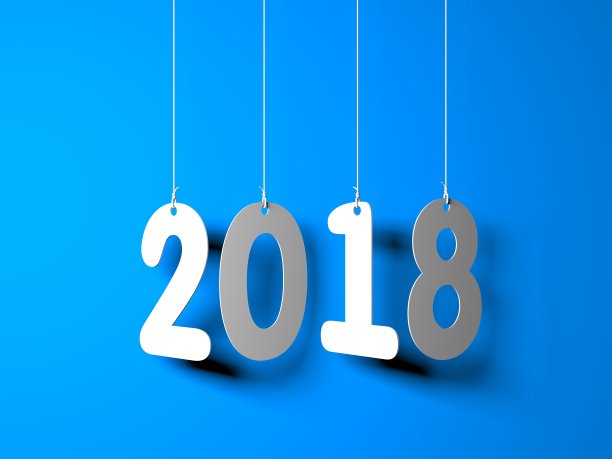 白字2018在蓝色背景。新年插图。三维演示图片下载