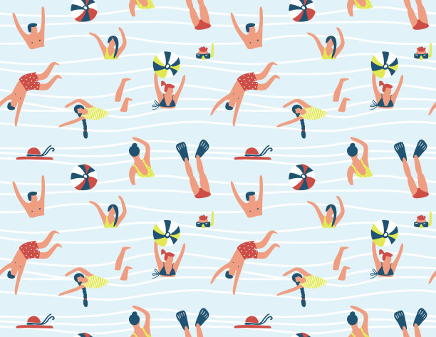 夏天无缝模式。人们在海里游泳。矢量插图与游泳者。图片下载