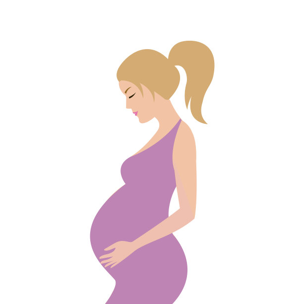 简单可爱的彩色矢量插图怀孕的金发女人在紫色的裙子。素材图片