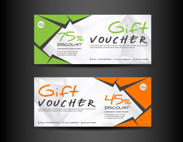 橙色折扣券模板，绿色优惠券设计，票，横幅，卡片，多边形背景，矢量插图图片下载