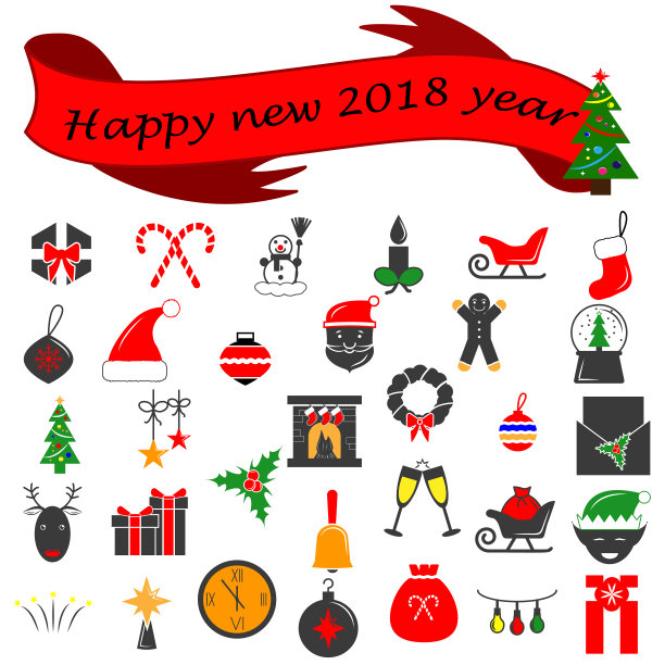 2018年冬季新年图标集。许多不同的装饰元素为冬季假期。优质的平面设计收集图标，为网站，网页设计，移动应用程序图片下载