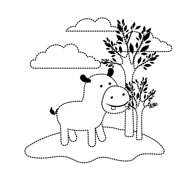 河马卡通在户外场景与树木和云在黑色点剪影图片下载