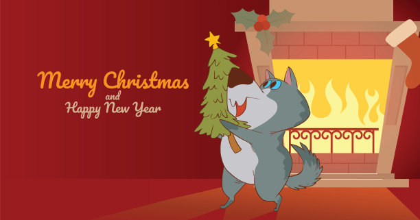 圣诞贺卡，可爱的狗和一棵绿色的树图片下载