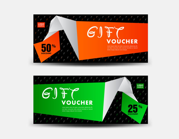 橙色折扣券模板，绿色优惠券设计，票，横幅，卡片，多边形背景，矢量插图图片下载