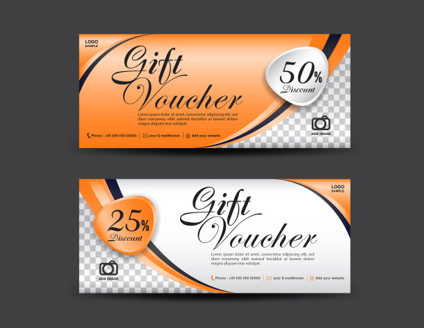 橙色礼品券模板，券设计，票，横幅，卡片，抽象背景，矢量插图图片下载