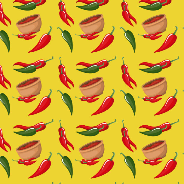红辣椒和碗图案在黄色的背景图片下载