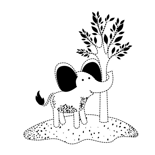 卡通大象旁边的树在黑色的斑点剪影图片下载