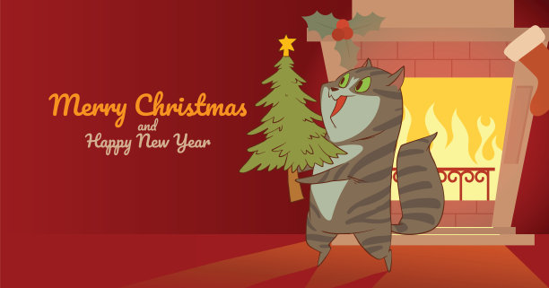 圣诞贺卡，可爱的猫和一棵绿色的树图片下载