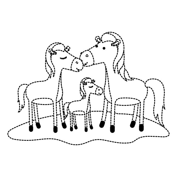 马对和小马驹在草地上以黑色的斑点轮廓图片下载