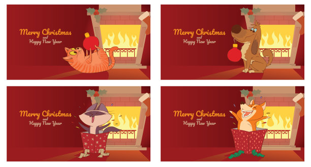 一套圣诞卡片，可爱的猫和狗图片下载