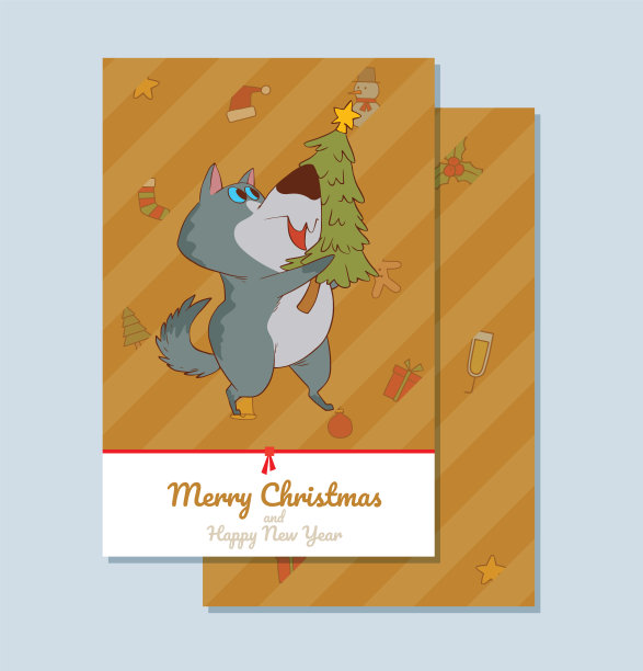 卡片“圣诞快乐”，可爱的狗和一棵绿色的树图片下载