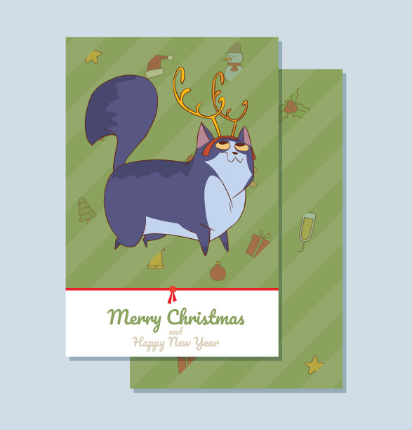 贺卡“圣诞快乐”，可爱的猫和鹿角图片下载