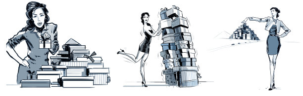 女人和礼品盒。图形、素描、素描、插图图片下载