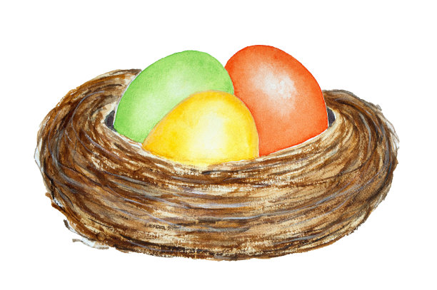 装饰鸟巢与三个彩色的复活节彩蛋。黄色，橙色，绿色，装饰。素材图片