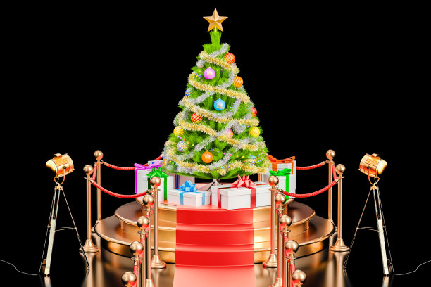 圣诞树和礼盒放在讲台上，3D渲染孤立在黑色背景上图片下载