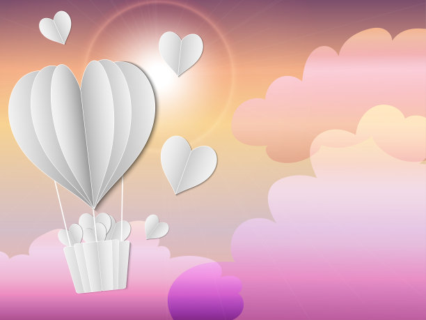 矢量和插图剪纸风格的心形气球飞在天空和云的小心脏，为情人节，婚礼和自然主题图片下载