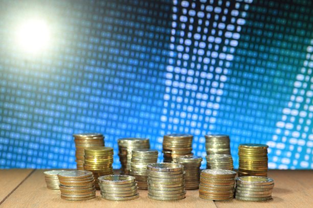 硬币图表堆和蓝色二进制编码计算机屏幕选择性焦点图片下载