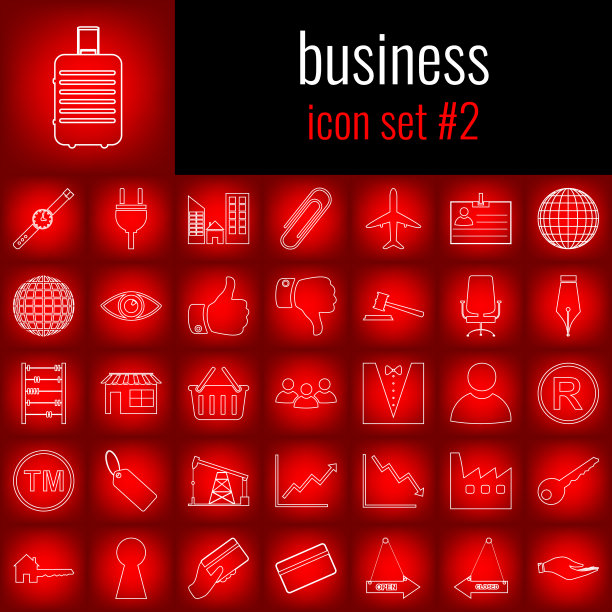 业务。图标设置2。红色渐变背景上的白线图标。图片下载