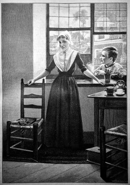 窗边有一幅维多利亚时代年轻女子的肖像。窗户后面一个小男孩看着她——1896年图片下载