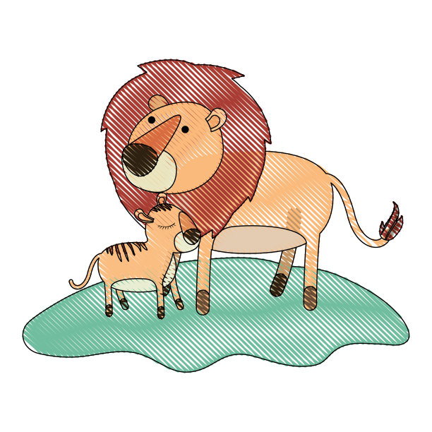 卡通狮子和幼仔在草地上彩色蜡笔剪影图片下载