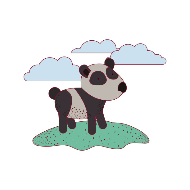 熊猫卡通在户外场景与云彩上五颜六色的剪影与细轮廓图片下载