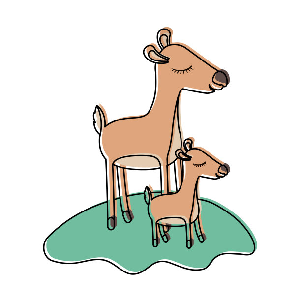 卡通鹿妈妈和小牛在草地上的水彩剪影图片下载