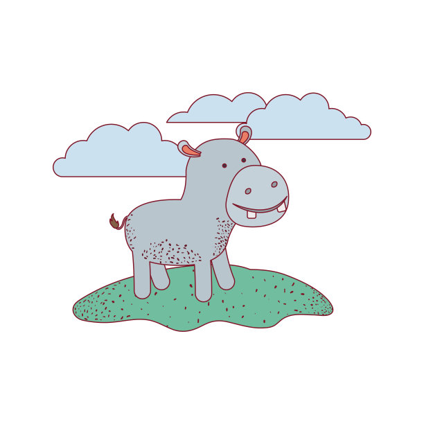 卡通河马在户外场景与云彩上的彩色剪影与细轮廓图片下载