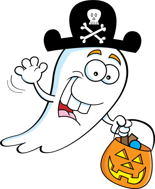 卡通幽灵装扮成海盗在不给糖就捣蛋。图片下载