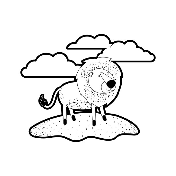 狮子卡通在户外场景与云彩在黑色剪影与厚轮廓图片下载