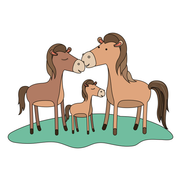 马夫妇和小马驹在草地上的彩色剪影在白色的背景图片下载