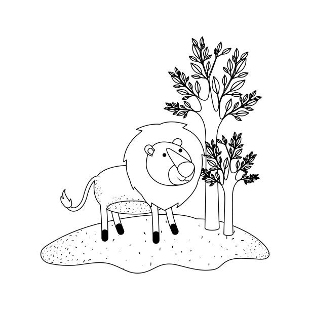 卡通中的狮子在森林里的树木旁边以单色剪影图片下载