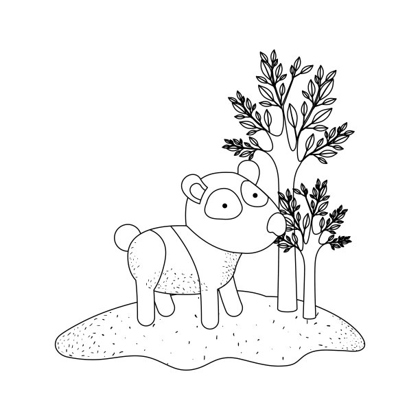 卡通熊猫在森林里，旁边的树在单色剪影图片下载