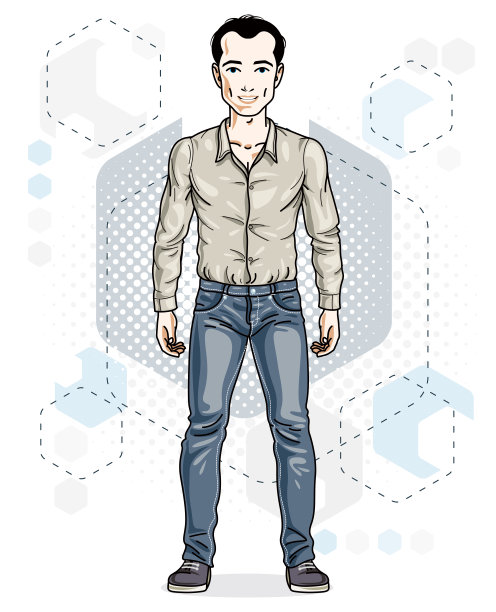 快乐的深色皮肤的年轻人站着。矢量人物穿着休闲衣服像牛仔裤和棉质衬衫。图片下载
