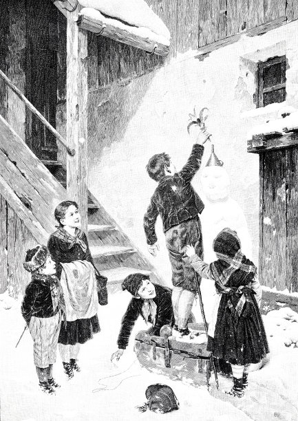 孩子们在农舍堆雪人图片下载