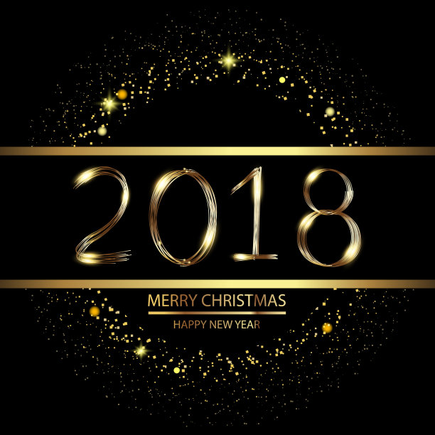 新年快乐的背景与发光的灯光文本在黑色的背景。向量。图片下载