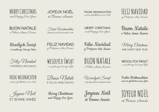 圣诞快乐，新年快乐，不同的语言:英语，西班牙语，德语，法语，波兰语，意大利语。问候的集合。向量。图片下载