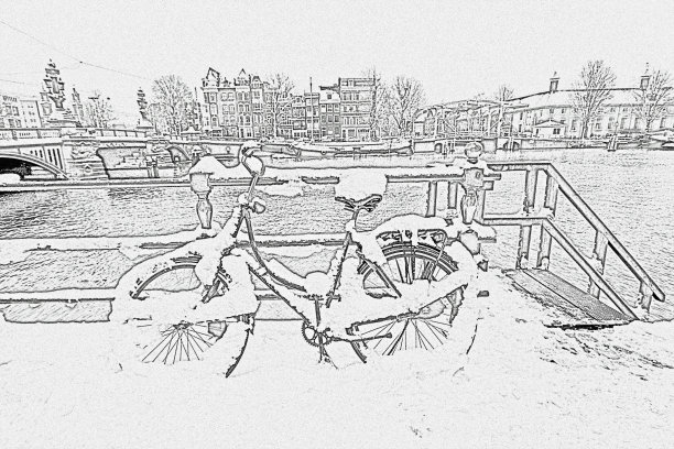 荷兰阿姆斯特丹市中心一辆雪地自行车上的铅笔画图片下载