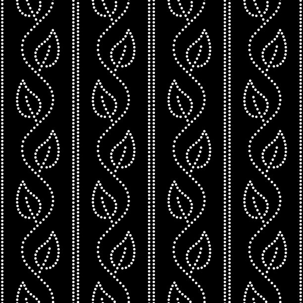 斑点常春藤叶和条纹几何无缝黑白图案，向量图片下载