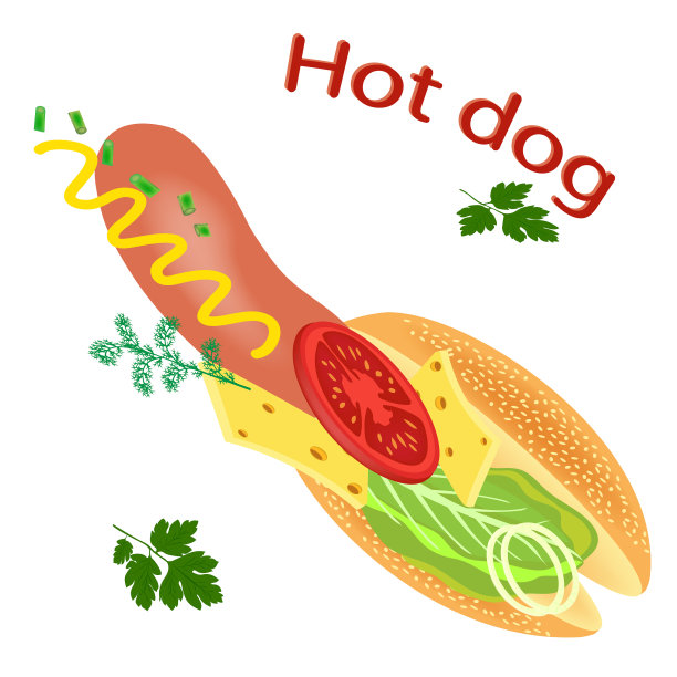 热狗。美味的热狗配芥末，番茄酱。美味的热狗，香肠，奶酪，西红柿，生菜，欧芹。快餐。向量。图片下载