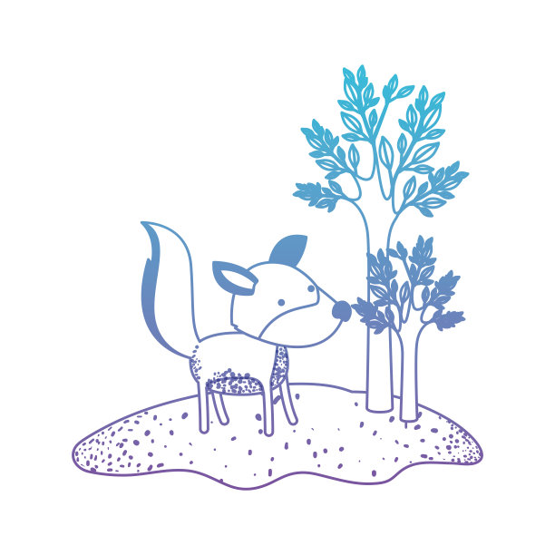 卡通中的狼在森林旁边的树木中退化成蓝色到紫色的剪影图片下载