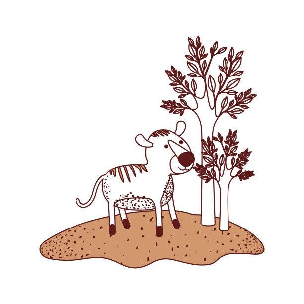 卡通中的老虎在森林中，旁边是树木的彩色剖面剪影图片下载