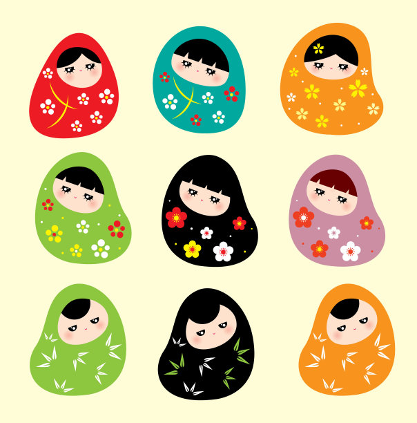 可爱美丽的kokeshi娃娃向量图片下载