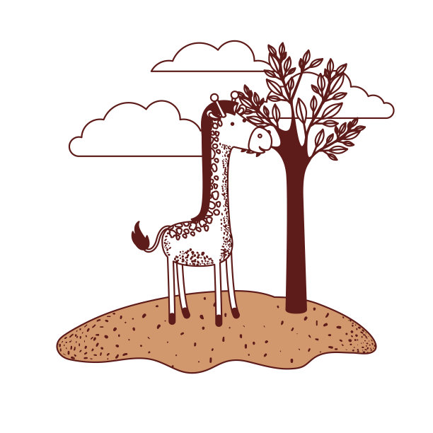 长颈鹿卡通在室外场景与树木和云彩的颜色剖面剪影图片下载