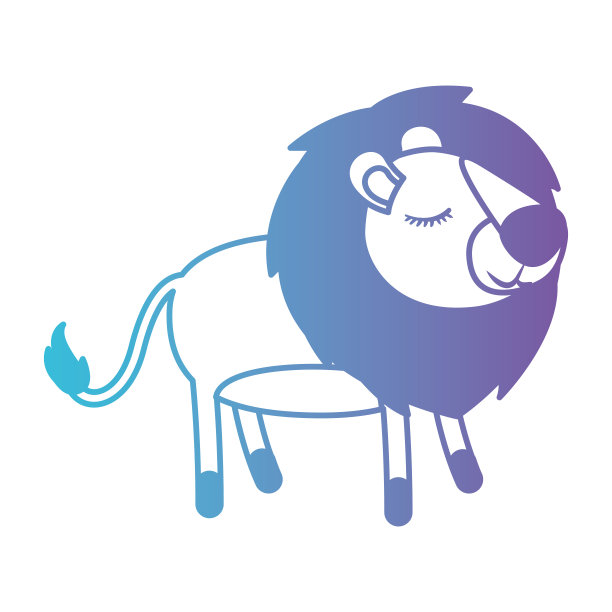 狮子卡通以闭着眼睛的表情在退化的蓝色到紫色剪影的颜色图片下载